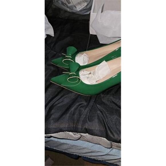 Elegant Green Bowknot‎ High Heels - Glossy Pointed Toe Pumps, Breathable Faux - Picture 7 of 9